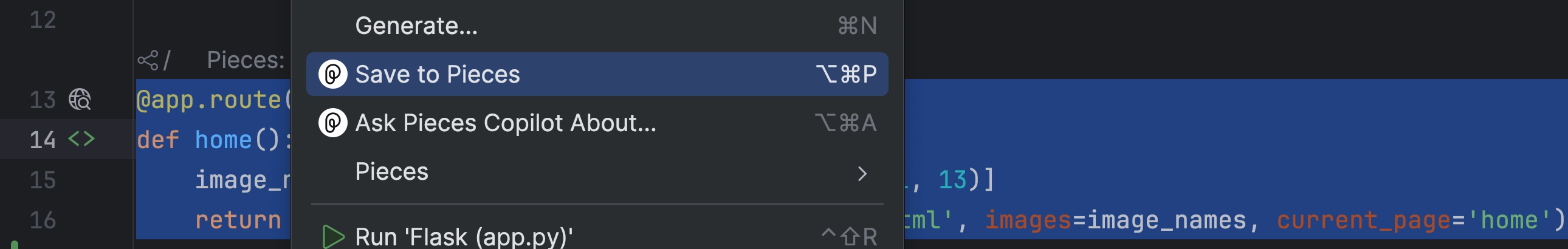A screenshot of PyCharm with a Python function selected and the Pieces context menu showing